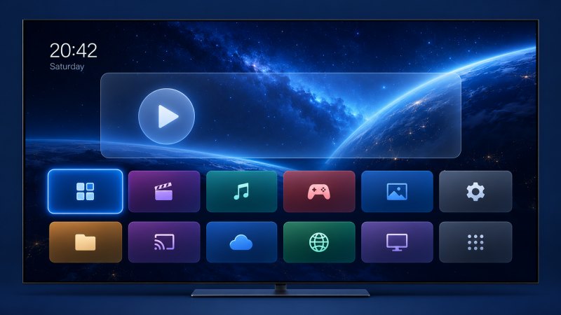 Studio TV home with a focused app spotlight and two rows of installed apps